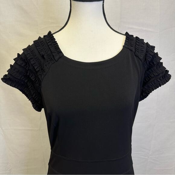 Tribal Stretch Black Dress with Ruffled Sleeves - Size Medium - Picture 7 of 14